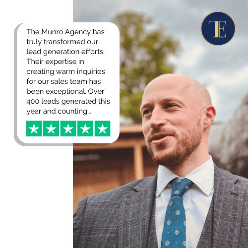 Lead Gen testimonial Scott - Munro Images Website Confident professional celebrating the success of his team's expertise in lead generation with over 400 sales this year.